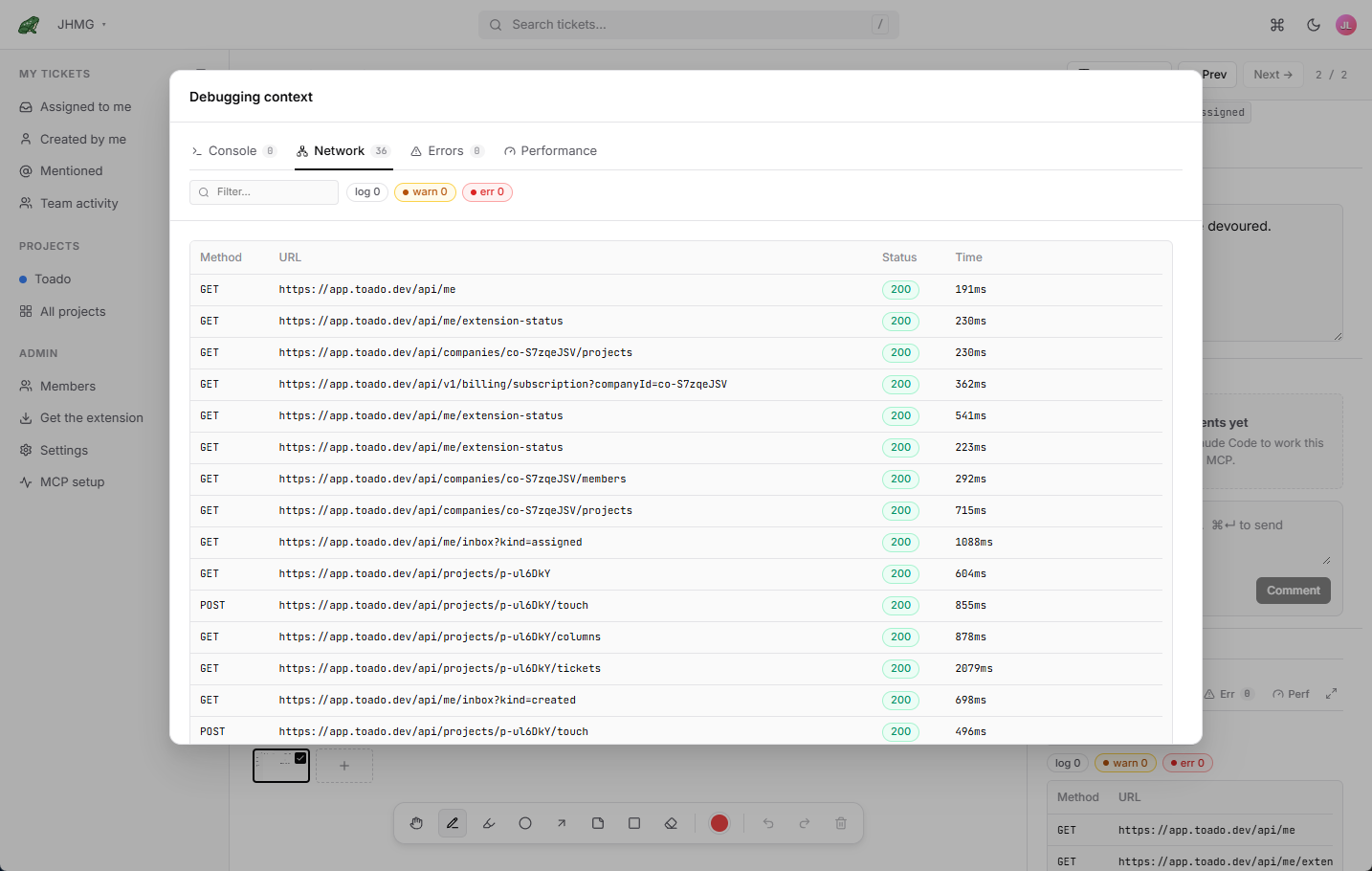 The Toado Chrome extension capturing a full page with console, network, and DOM context