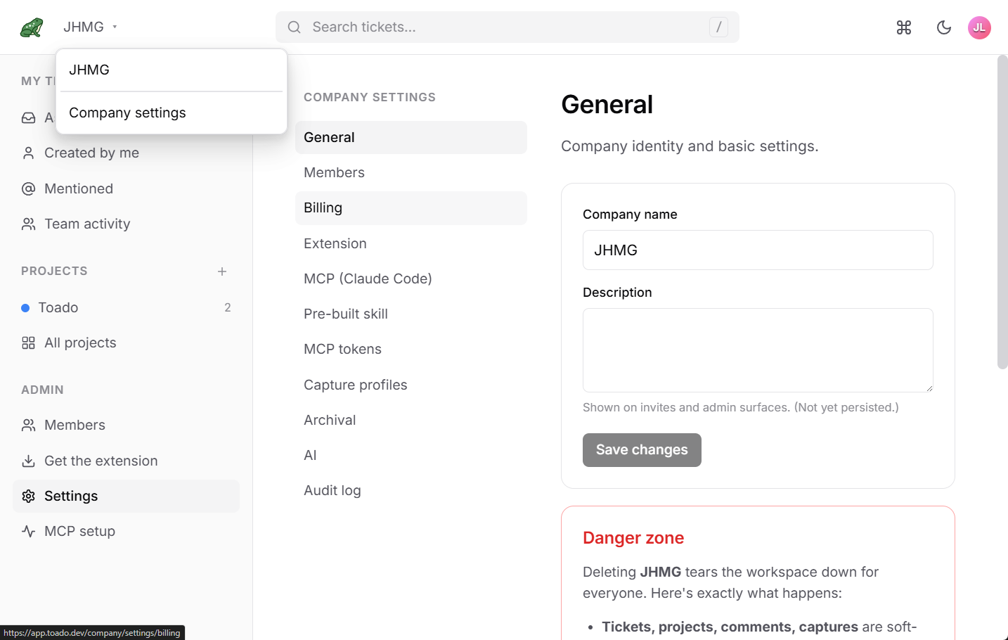 Multiple client companies and projects organized under one Toado account