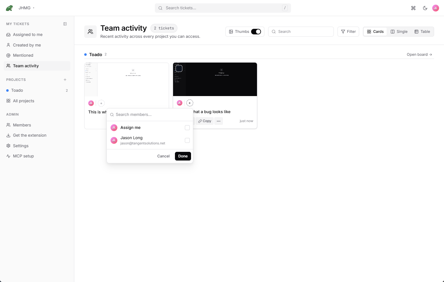 A Toado board updating in real time as teammates move tickets and add comments
