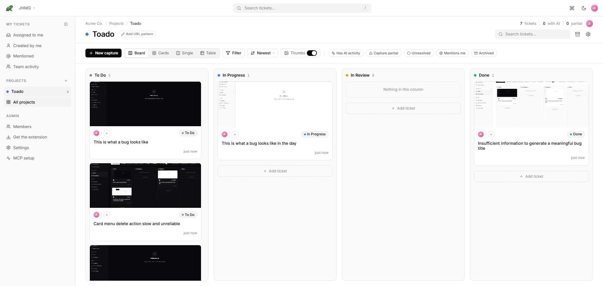A Toado kanban board showing tickets across To Do, In Progress, In Review, and Done